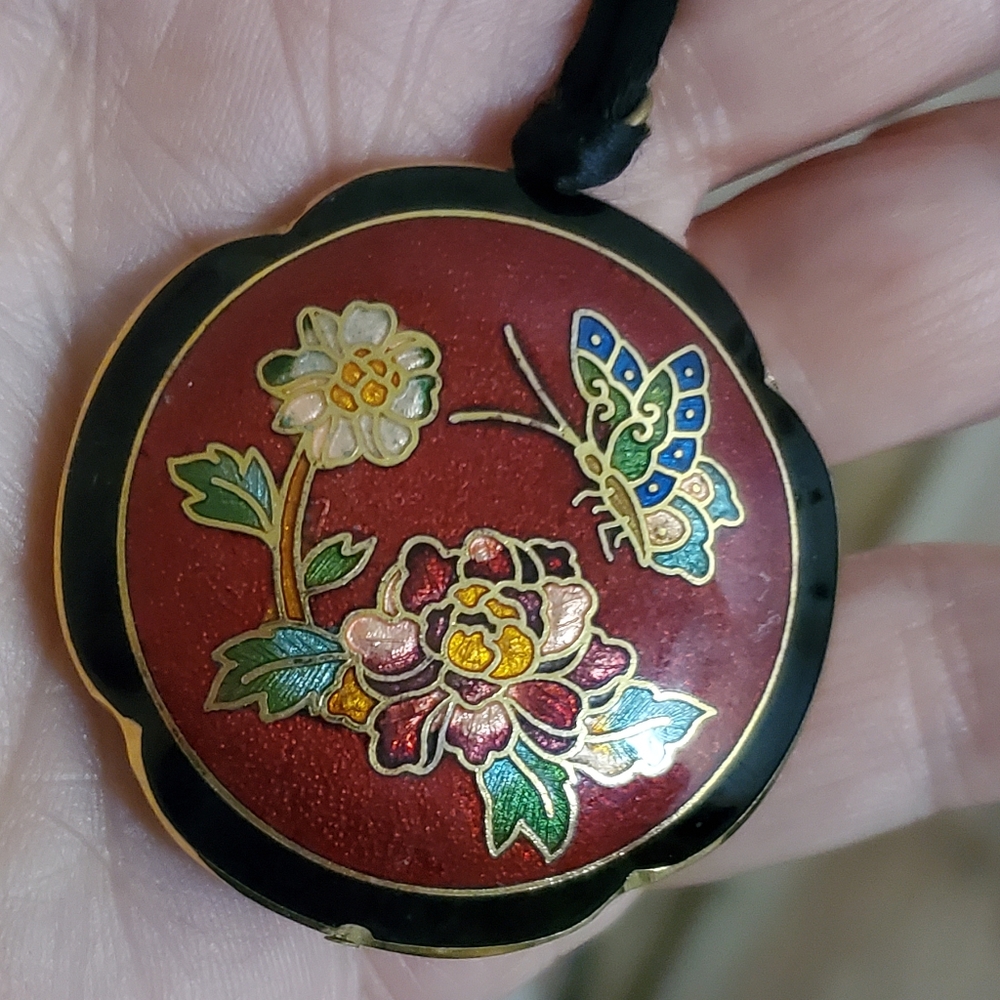 Cloisonné Floral Enamel Pendant Necklace Butterfly Garden Cottage Red Satin Rope